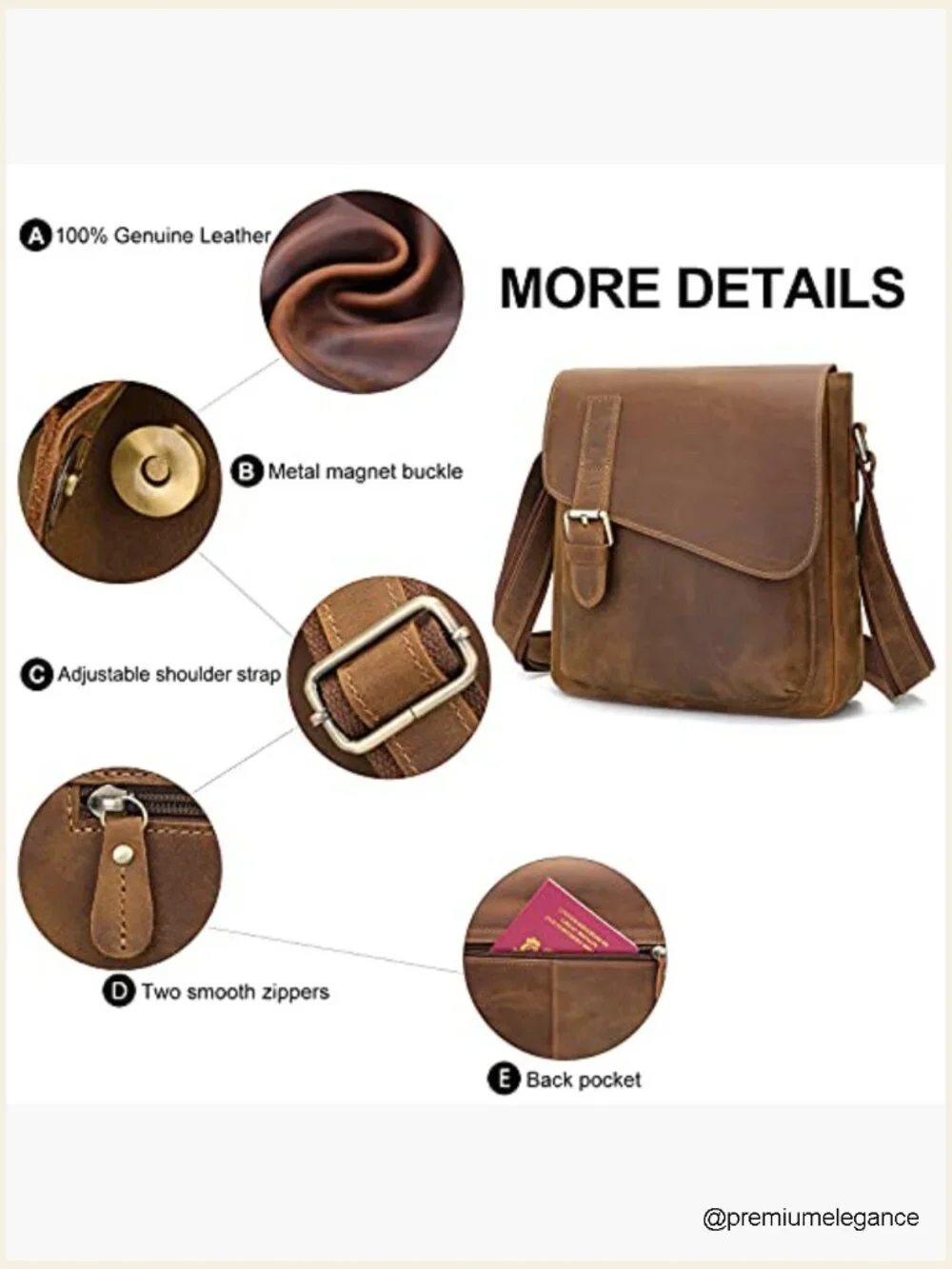 Genuine Leather Messenger Bag Crossbody Fits Tablet
